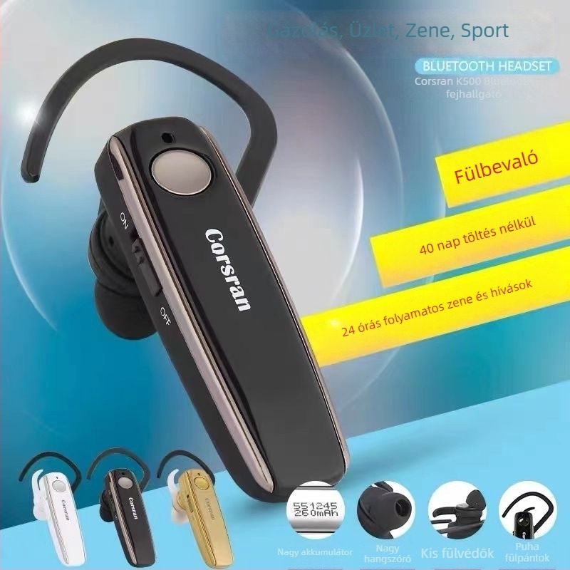Bluetooth fülhallgató K500 — Bluetooth 5.0, kettős mikrofonos zajcsökkentés 5.0, 10 m hatótáv, akkumulátor-üzemidő >8 óra, fülre helyezett használat