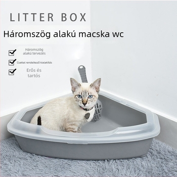 Háromszög alakú félig zárt macskaalomtálca, fröccsenés elleni kialakítás, szagtalanító rendszer, kanál a csomagban, ABS műanyagból