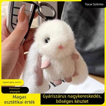 Plüss nyuszis medál, imitált nercszőrrel, aranyos autódísz és kulcstartó