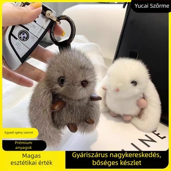 Plüss nyuszis medál, imitált nercszőrrel, aranyos autódísz és kulcstartó