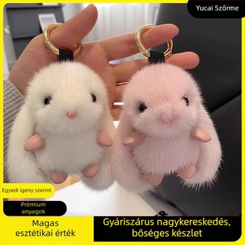 Plüss nyuszis medál, imitált nercszőrrel, aranyos autódísz és kulcstartó