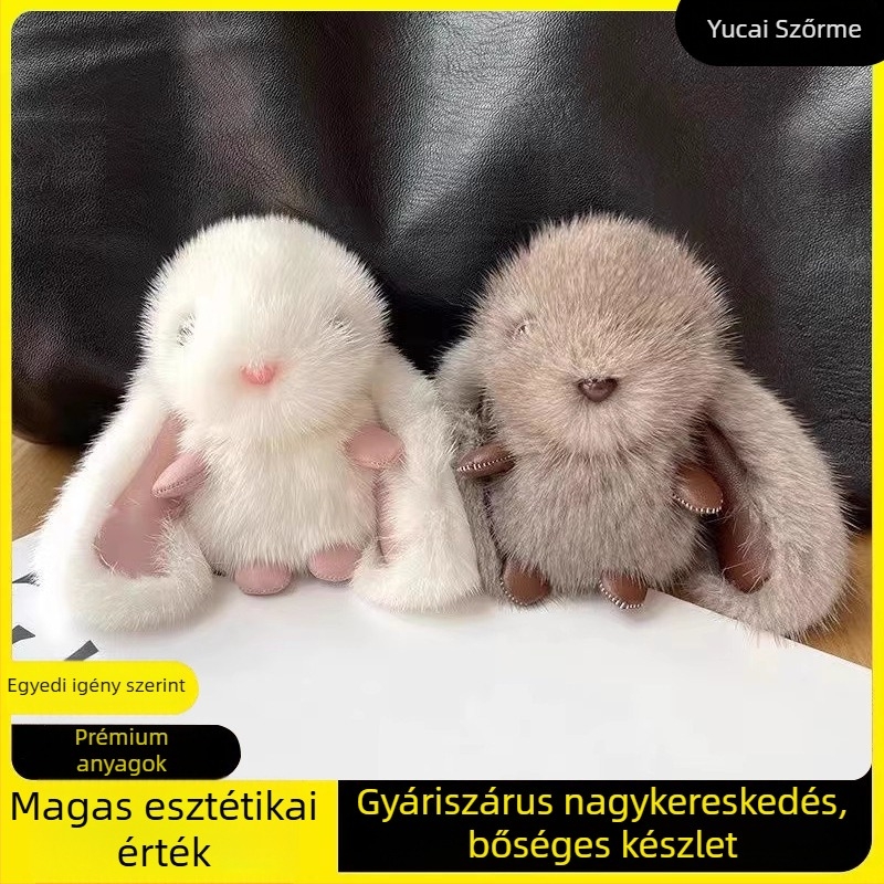Plüss nyuszis medál, imitált nercszőrrel, aranyos autódísz és kulcstartó