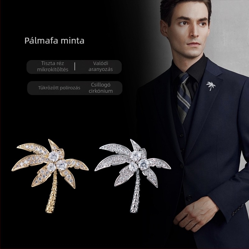 Réz brooch – kókuszpálma levelei, mikroincrustált cirkón, elegáns dizájn, uniszex ajándék kiegészítő
