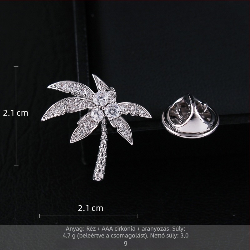 Réz brooch – kókuszpálma levelei, mikroincrustált cirkón, elegáns dizájn, uniszex ajándék kiegészítő