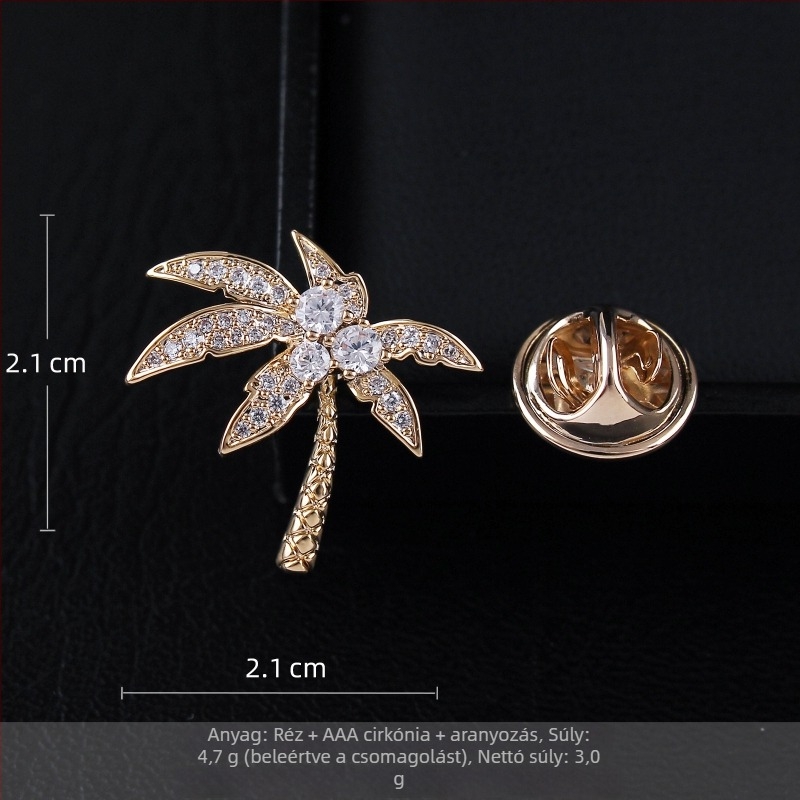 Réz brooch – kókuszpálma levelei, mikroincrustált cirkón, elegáns dizájn, uniszex ajándék kiegészítő