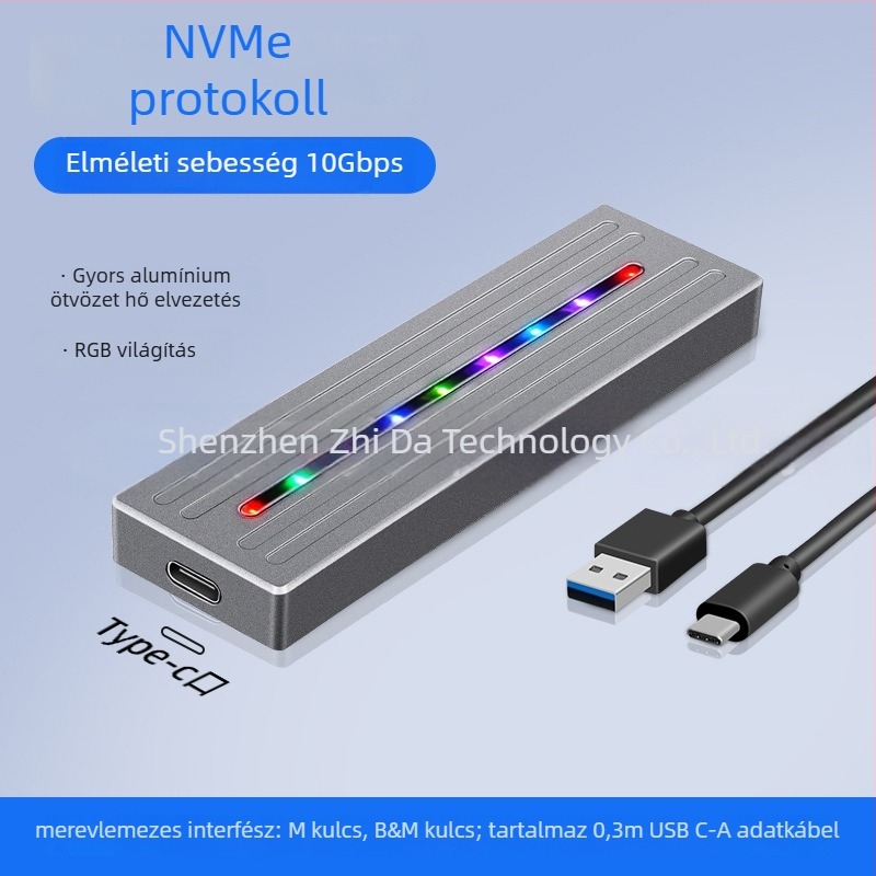 M.2 SSD külső, alumínium ötvözet, USB 3.1, kettős protokoll, 2 TB támogatás