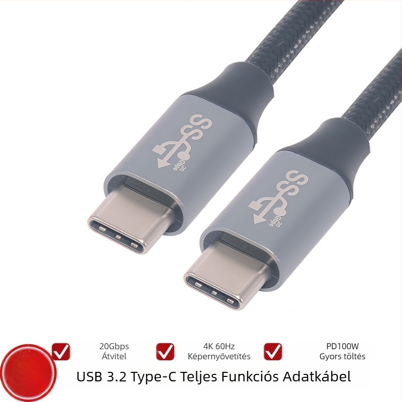 L-alakú USB-C 3.2 Gen2 adatkábel, két végű csatlakozóval, PD gyors töltés, 4K kijelző támogatás