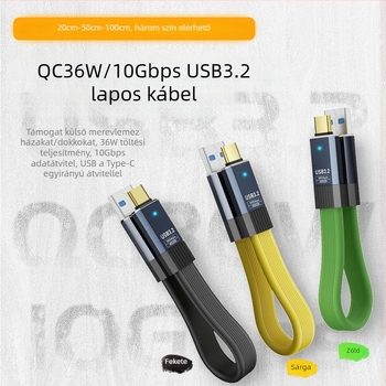 USB 3.2-től Type-C-ig adatkábel, szilikonból készült fonott hosszabbító, 0.5–1 m, 36W max teljesítmény, egyfejű csatlakozó