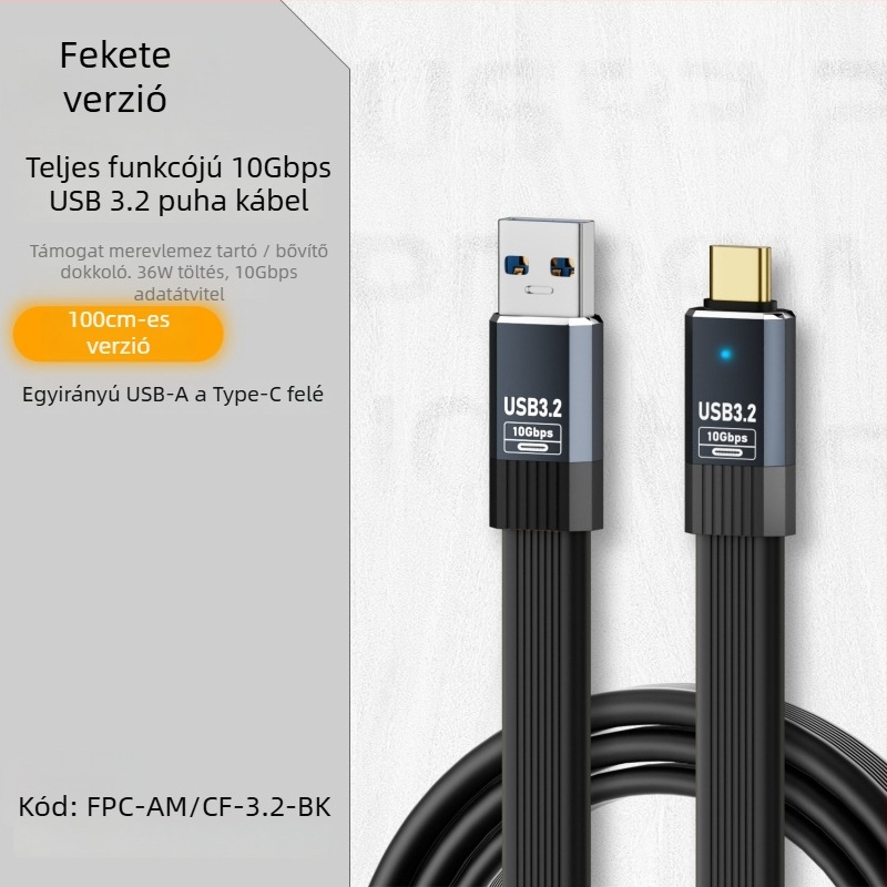 USB 3.2-től Type-C-ig adatkábel, szilikonból készült fonott hosszabbító, 0.5–1 m, 36W max teljesítmény, egyfejű csatlakozó