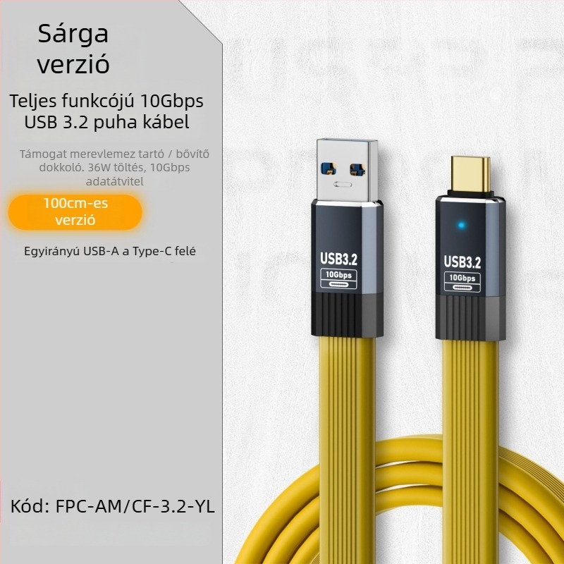USB 3.2-től Type-C-ig adatkábel, szilikonból készült fonott hosszabbító, 0.5–1 m, 36W max teljesítmény, egyfejű csatlakozó