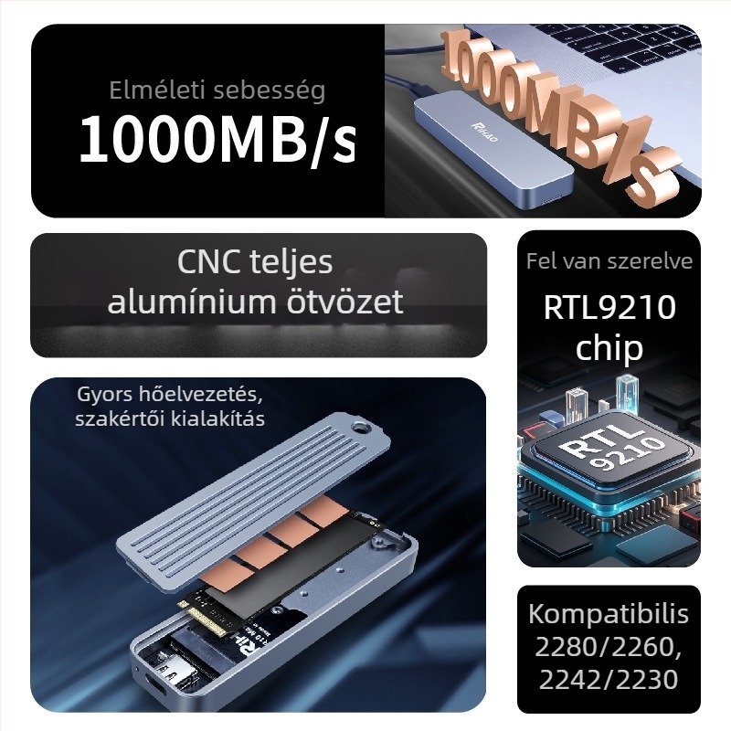Rihao R10 M.2 NVMe SSD ház, alumíniumötvözet, támogatja a 4TB-ot, 10Gbps átviteli sebesség