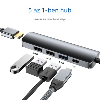 5-in-1 Type-C hub 4K HDMI támogatással, PD100W töltés, 5 Gbps adatátvitel
