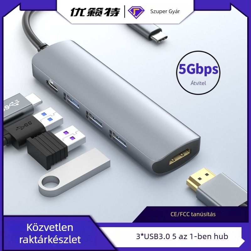 5-in-1 Type-C hub 4K HDMI támogatással, PD100W töltés, 5 Gbps adatátvitel
