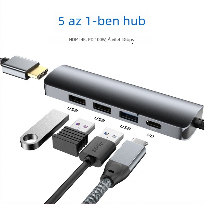 5-in-1 Type-C hub 4K HDMI támogatással, PD100W töltés, 5 Gbps adatátvitel