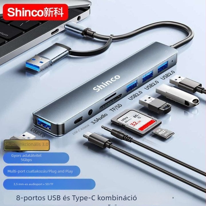 Type-C 7-in-1 dokkoló állomás USB bővítő hubbal és kettős kimenettel notebookhoz és tablethez (Nincs külső tápegység, Lightning interfész, 1→2 osztó)