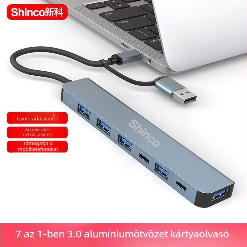 Type-C 7-in-1 dokkoló állomás USB bővítő hubbal és kettős kimenettel notebookhoz és tablethez (Nincs külső tápegység, Lightning interfész, 1→2 osztó)