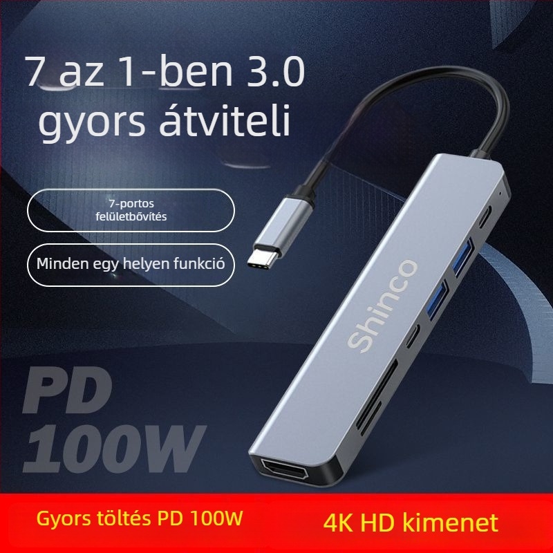 Type-C 7-in-1 dokkoló állomás USB bővítő hubbal és kettős kimenettel notebookhoz és tablethez (Nincs külső tápegység, Lightning interfész, 1→2 osztó)