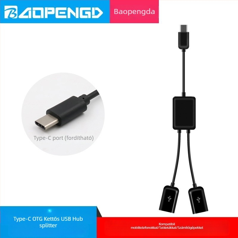 USB-C OTG hub 2-portos elosztóval, USB 2.0, 480 Mbps, Modell BPD-01