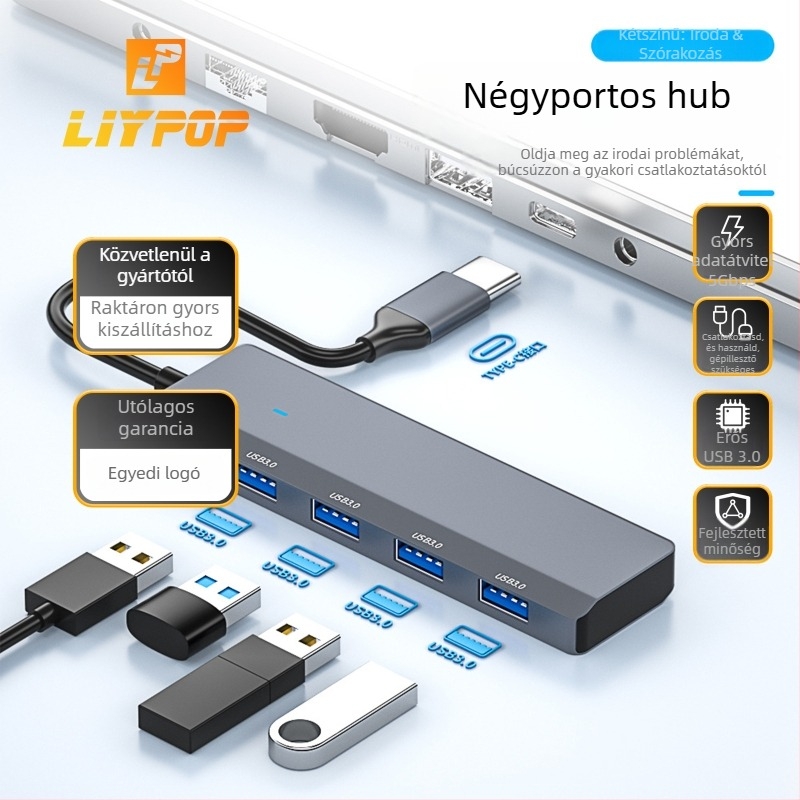 Liypop USB-C 4-portos USB 3.0 hub laptopokhoz, 5 Gbps, külső táp nélkül