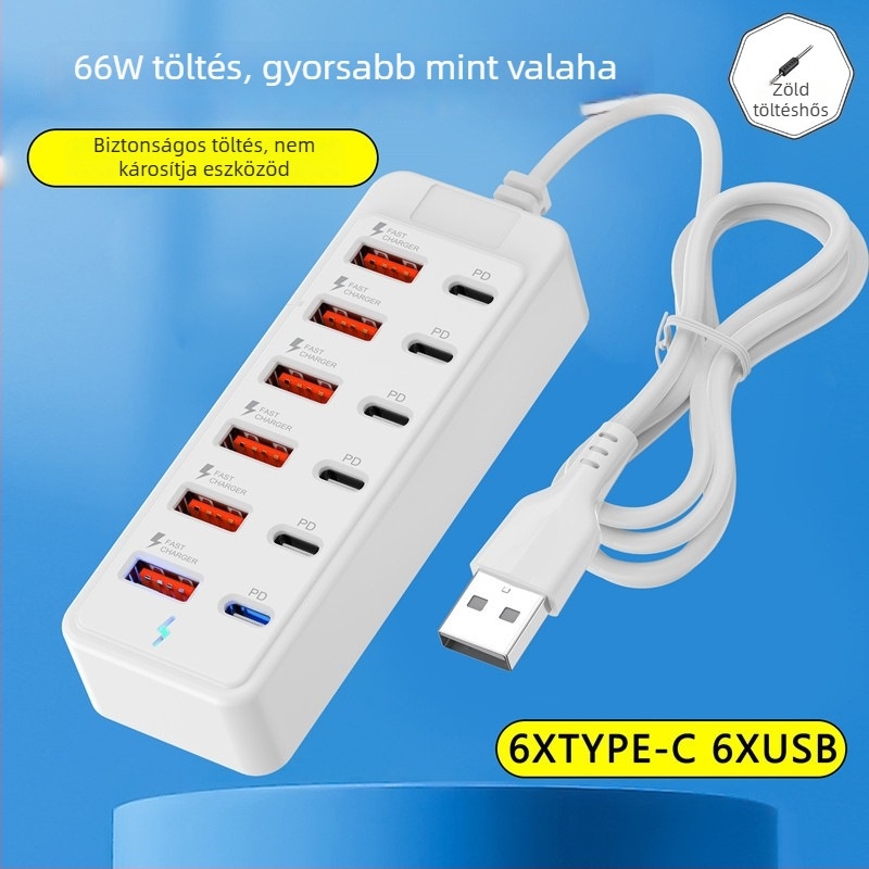 12-portos USB-C dokkoló állomás USB 3.0-val, 66W PD gyors töltés, külső tápegységgel