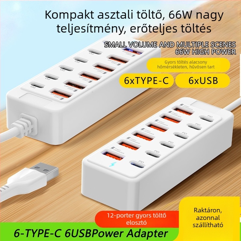 12-portos USB-C dokkoló állomás USB 3.0-val, 66W PD gyors töltés, külső tápegységgel