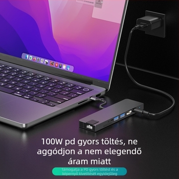 Type-C 7–in–1 dokkoló számítógéphez, USB-C interfész, 5 Gbps átviteli sebesség, Gigabites Ethernet, PD100 gyorstöltés, CNC alumínium ház