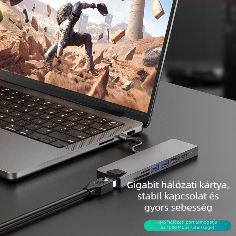 Type-C 7–in–1 dokkoló számítógéphez, USB-C interfész, 5 Gbps átviteli sebesség, Gigabites Ethernet, PD100 gyorstöltés, CNC alumínium ház