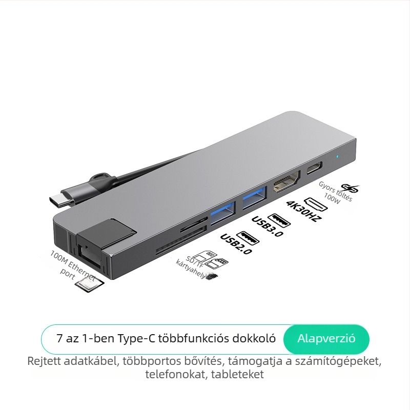 Type-C 7–in–1 dokkoló számítógéphez, USB-C interfész, 5 Gbps átviteli sebesség, Gigabites Ethernet, PD100 gyorstöltés, CNC alumínium ház