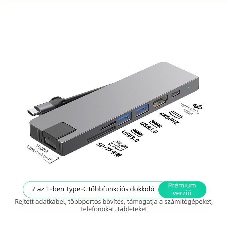 Type-C 7–in–1 dokkoló számítógéphez, USB-C interfész, 5 Gbps átviteli sebesség, Gigabites Ethernet, PD100 gyorstöltés, CNC alumínium ház