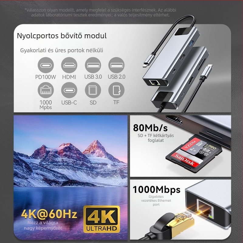 USB-C dokkoló állomás, hat egyben: USB 3.0 x2, SD, TF, HDMI, PD