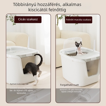 Extra nagy macska alomtál felső nyílással, fröccsenés elleni, félig zárt dizájn