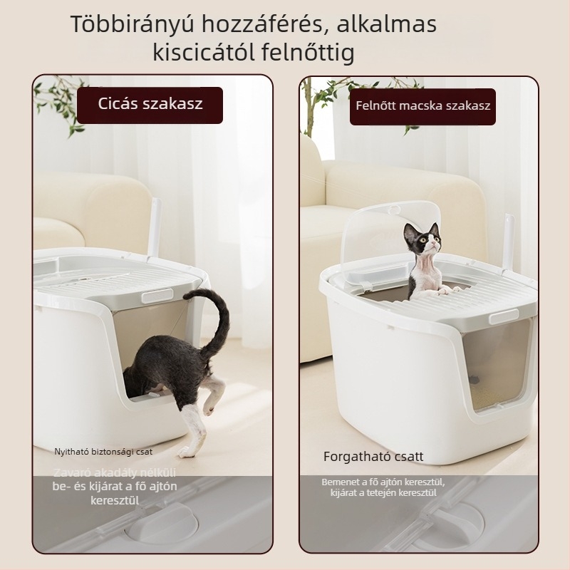 Extra nagy macska alomtál felső nyílással, fröccsenés elleni, félig zárt dizájn