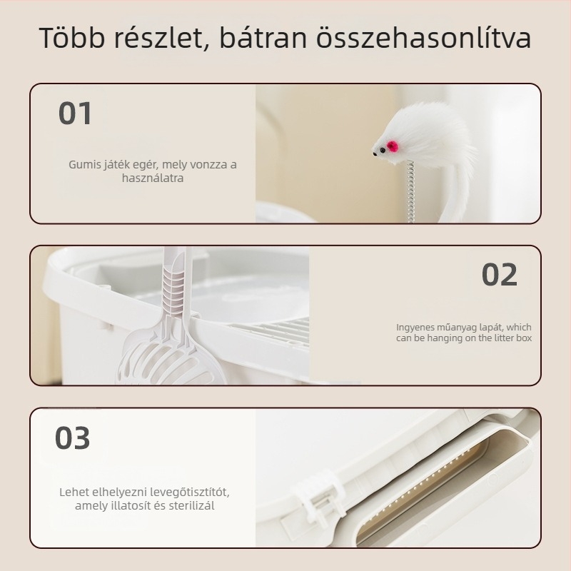 Extra nagy macska alomtál felső nyílással, fröccsenés elleni, félig zárt dizájn