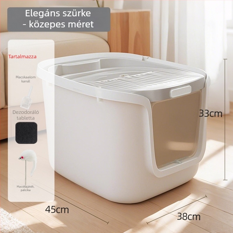 Extra nagy macska alomtál felső nyílással, fröccsenés elleni, félig zárt dizájn