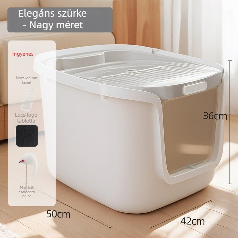 Extra nagy macska alomtál felső nyílással, fröccsenés elleni, félig zárt dizájn