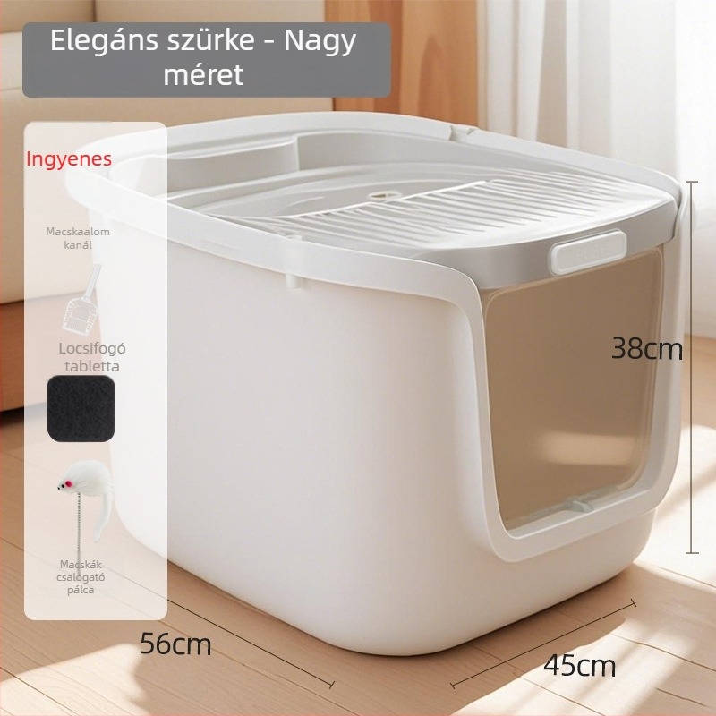 Extra nagy macska alomtál felső nyílással, fröccsenés elleni, félig zárt dizájn