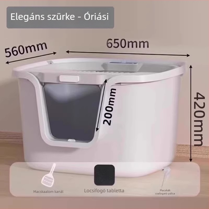 Extra nagy macska alomtál felső nyílással, fröccsenés elleni, félig zárt dizájn