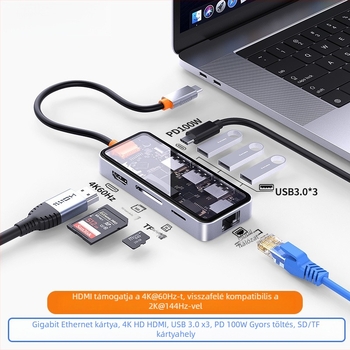 Type-C többfunkciós dokk USB-bővítéssel, HDMI kijelzőkimenet és Gigabit Ethernet laptopokhoz