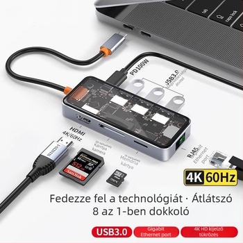 Type-C többfunkciós dokk USB-bővítéssel, HDMI kijelzőkimenet és Gigabit Ethernet laptopokhoz