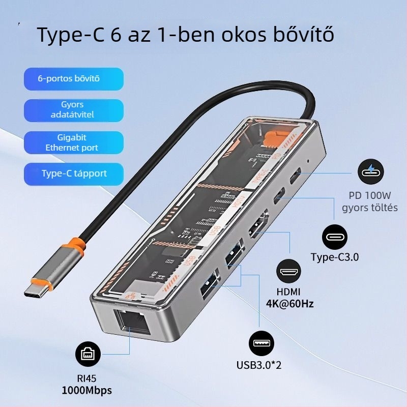 Type-C többfunkciós dokk USB-bővítéssel, HDMI kijelzőkimenet és Gigabit Ethernet laptopokhoz