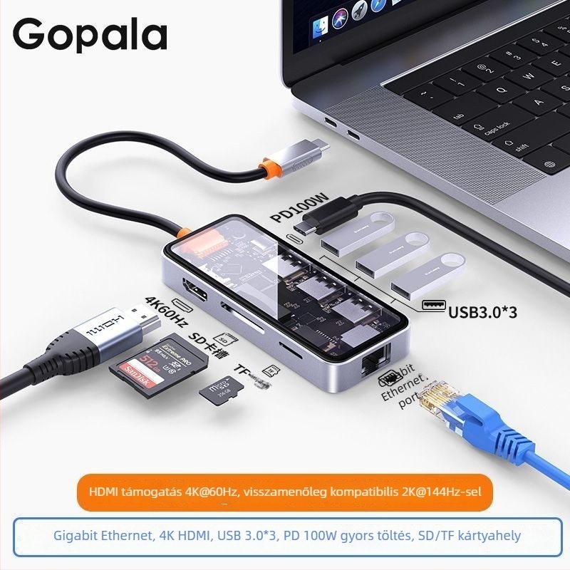 Type-C többfunkciós dokk USB-bővítéssel, HDMI kijelzőkimenet és Gigabit Ethernet laptopokhoz