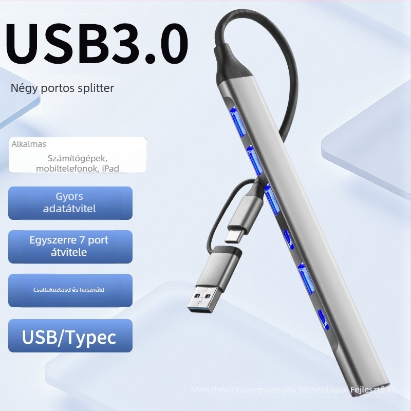Type-C kettős fejű bővítő dokk 7-in-1 USB 3.0 hub telefonhoz és számítógéphez, átviteli sebesség legfeljebb 5 Gbps, 1–4 portok, külső tápegység nélkül