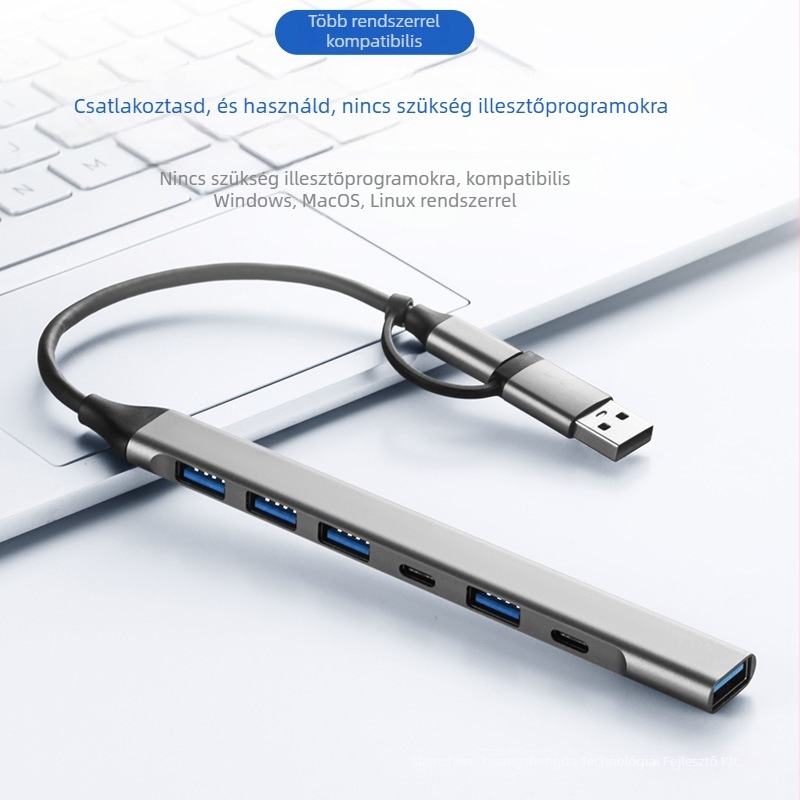 Type-C kettős fejű bővítő dokk 7-in-1 USB 3.0 hub telefonhoz és számítógéphez, átviteli sebesség legfeljebb 5 Gbps, 1–4 portok, külső tápegység nélkül
