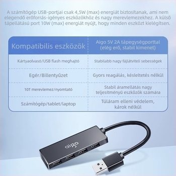 Aigo USB 3.0 4-portos hub H01-3.0, 200M átviteli sebesség, kábelhossz 0.25–1.5 m