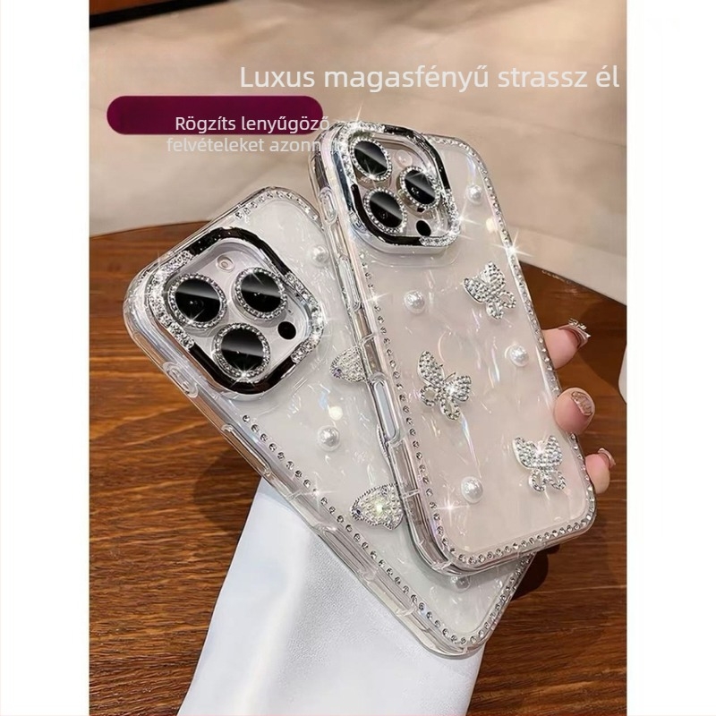 iPhone tok – szilikon, matt felület, ütésálló, 3D gyöngyös pillangó-kagyló minta, testre szabható