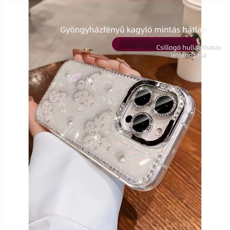 iPhone tok – szilikon, matt felület, ütésálló, 3D gyöngyös pillangó-kagyló minta, testre szabható