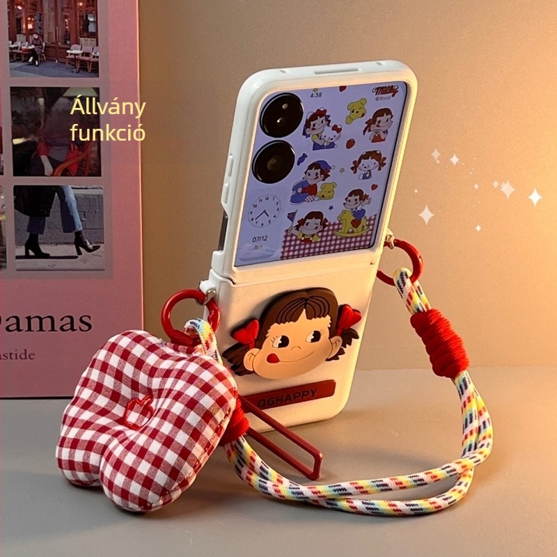 Összecsukható kijelzős védőtok zsanérral és keresztpánttal, teljes lefedettség, kreatív aranyos dizájn, Xiaomi Mix Flip 2, Honor Magic V Flip és Huawei PuraX számára
