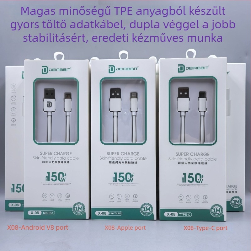 LUOMINRO 3-in-1 Gyors töltő USB-kábel (Lightning, Micro USB, Type-C) – 150W maximális teljesítmény, QC-kompatibilis, 3C tanúsítvány