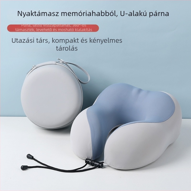 U-alakú nyakpárna kültéri utazásokhoz, hordozható memóriahabos párna, hűs Ice Silk anyaggal, repülőgép párna