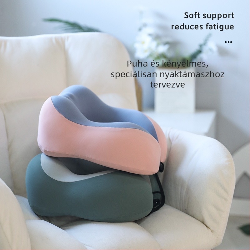 U-alakú nyakpárna kültéri utazásokhoz, hordozható memóriahabos párna, hűs Ice Silk anyaggal, repülőgép párna